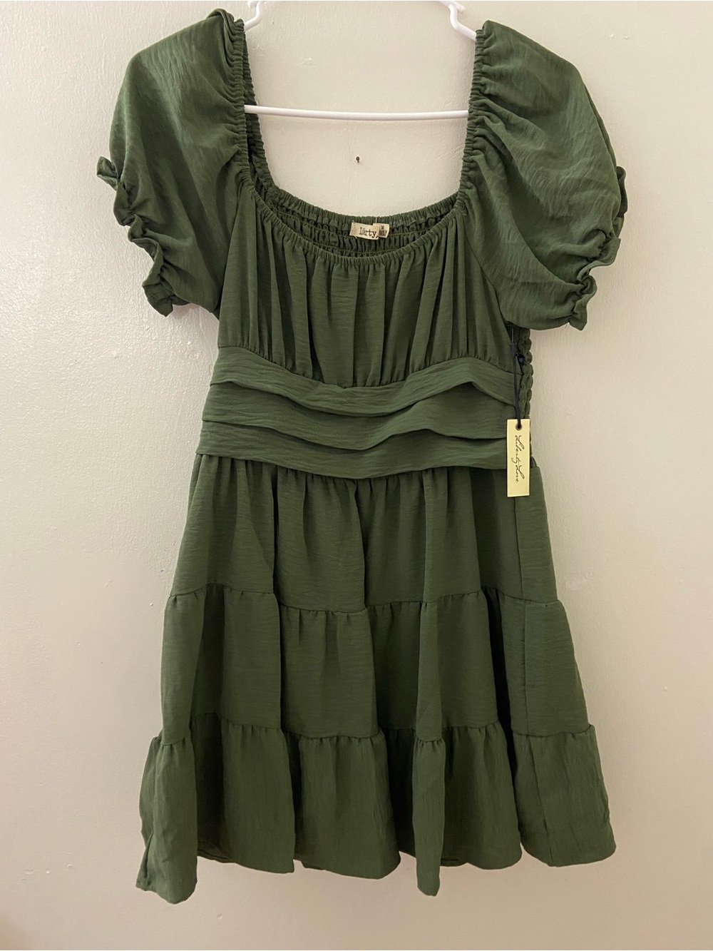 Liberty Love Olive Green Tiered Puff-Sleeve Dress